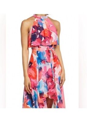 NWT Eliza J Occasion Maxi Dress Halter Top High Low Hem Watercolor Print Chiffon